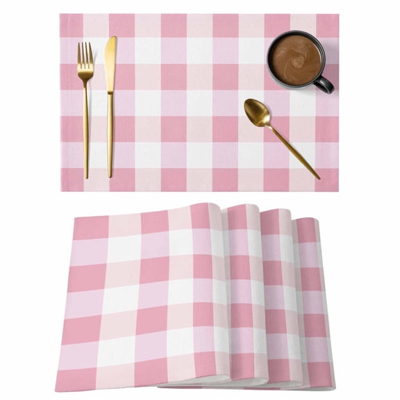Pink Plaid Placemats Set of 12, Cotton Linen Fabric Place Mats, Spring Farmhouse Buffalo Checkered Washable Decorative Table Mats Protector for Home Kitchen Dining Wedding Party Coffee Tables