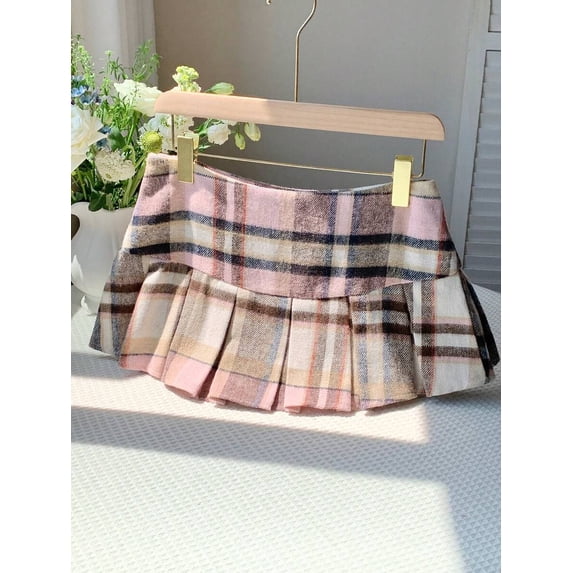 Pink Plaid Pleated Skirt For Women, Autumn Winter Casual A-Line Skirt With Waistband