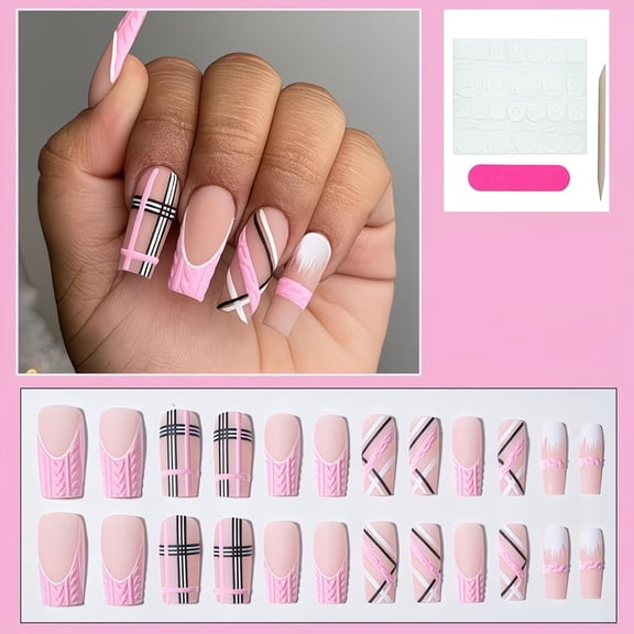 Pink Plaid Press on Nails 24 Pcs Medium Square False Nails for Women