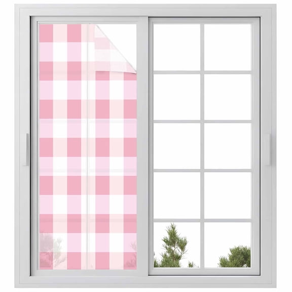 Pink Plaid Privacy Window Film, Decorative Frosted Glass Window Film, Spring Farmhouse Buffalo Checkered Reusable Peel and Stick Static Cling for Home Bathroom Office Glass Door 23.6"x59"