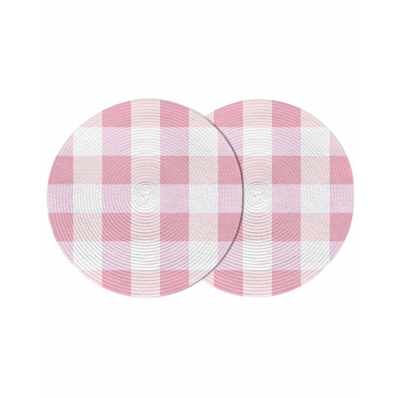 Pink Plaid Round 15 Inch Placemats Set of 2, Spring Farmhouse Buffalo Checkered HeatResistant Non Slip Place Mats for Dining Table, Wipeable Braided Kitchen Table Mats for Housewarming