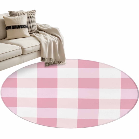 Pink Plaid Round Area Rug 4ft, Spring Farmhouse Buffalo Checkered Washable Non-Slip Circle Rugs for Bedroom Living Room Kitchen, Soft Non Shedding Circle Carpet for Dining Room Dorm