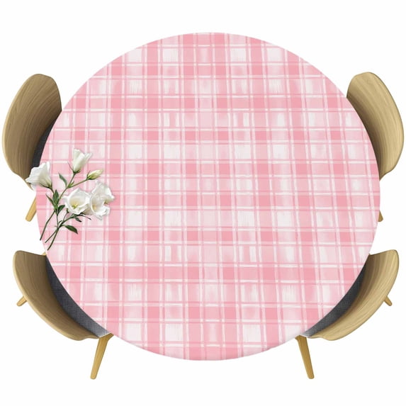 Pink Plaid Round Tablecloth, Fitted Table Cover with Elastic for 36"-44" Round Tables, Modern Art Checkered Farmhouse Table Cloth Outdoor Indoor Dinning Party Waterproof Tablecloths