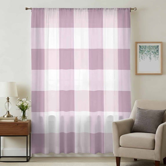 Pink Plaid Sheer Curtains 63 Inches Long, Spring Summer Farmhouse Buffalo Checkered Light Filering Curtains, Breathable Simi Curtain Privacy Drapes for Living Room Bedroom Window Treatment