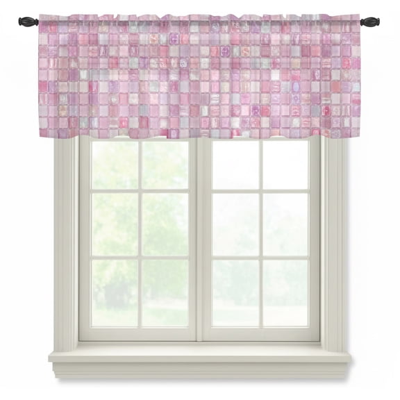 Pink Plaid Sheer Valances for Windows, Boho Pale Mint Tile Matrix Modern Gingham Semi Sheer Kitchen Valance Rod Pocket Small Voile Window Curtains for Living Room Bedroom 42 x 12 Inch