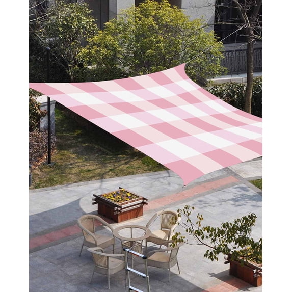 Pink Plaid Sun Shade Sail 14'x18' Rectangle Outdoor Shade Canopy, Spring Farmhouse Buffalo Checkered Porch Shades Outdoor Sun Blocking Screen, Sunshade Cloth Covers for Patio/Deck/Garden