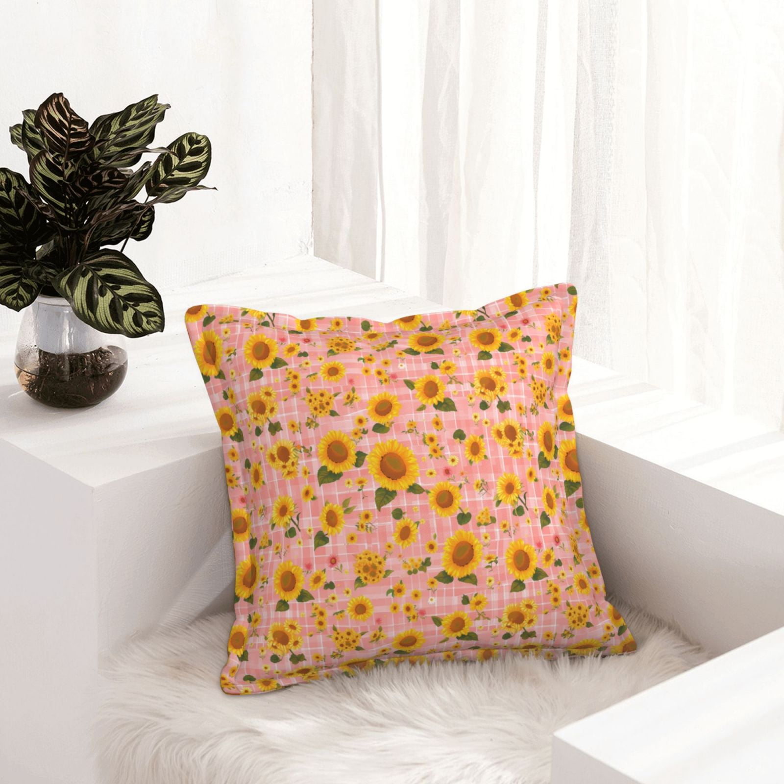 Pink Plaid Sunflower Leather Throw Pillow Covers, Pillow Covers 16x16