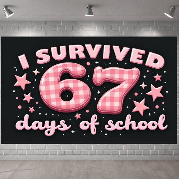 Pink Plaid Survived 67 Days Display Stars School Days Backdrop Sparkling Checkered Pattern 67 School Days Background for School End Party Student Celebration Classroom Decoration