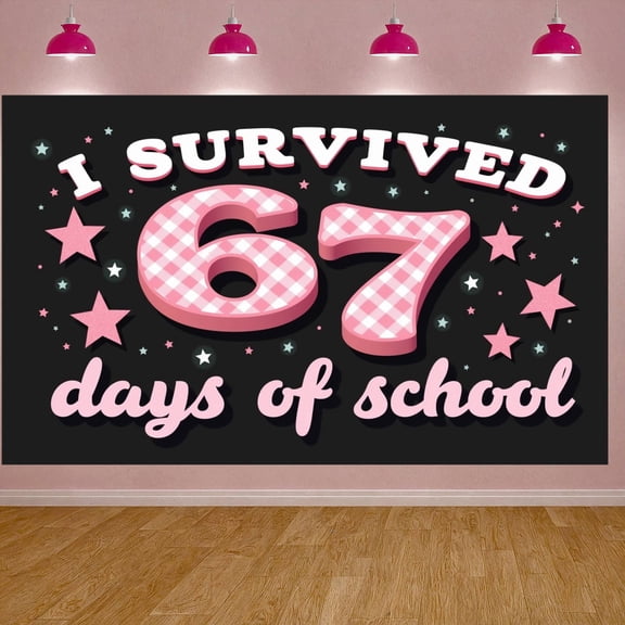 Pink Plaid Survived 67 Days Display Stars School Days Backdrop Sparkling Checkered Pattern 67 School Days Background for School End Party Student Celebration Classroom Decoration
