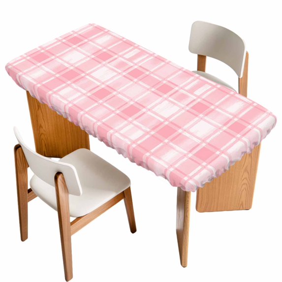 Pink Plaid Table Cloths for 3 Foot Rectangle Tables, Modern Art Checkered Farmhouse Patio Waterproof Elastic Fitted Tablecloths, Washable Rectangular Table Cover for Camping