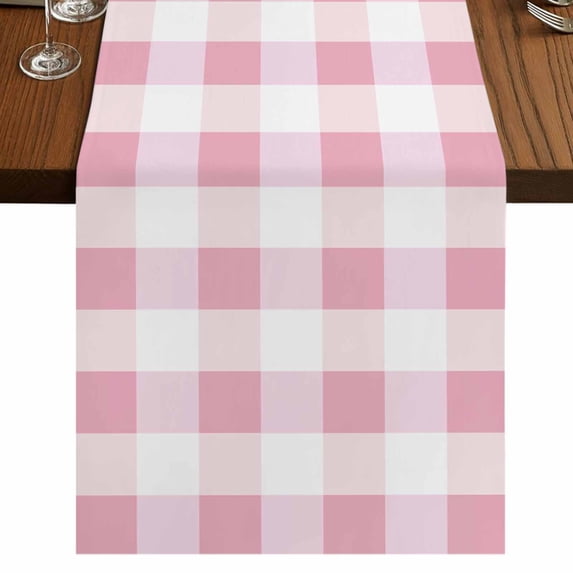 Pink Plaid Table Runner 90 Inches Long, Spring Farmhouse Buffalo Checkered Cotton Linen Table Runners Dresser Scarves, Decorative Fabric Tabletop Scarf Furniture Cover for Home Dinner Party 13"x90"