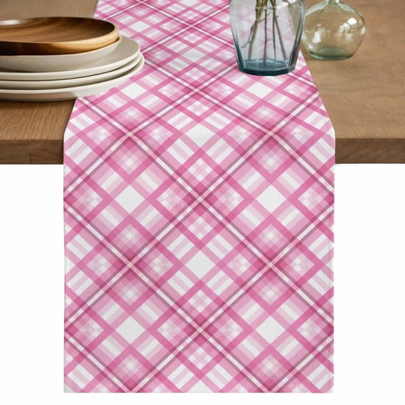 Pink Plaid Table Runner, Funny Modern Simple Abstract Checked Striped Washable Cotton Linen Table Runners 48 Inches Long, Dresser Scarf Runner for Nightstand/Coffee/End Tables 13''x48''