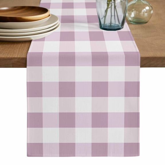 Pink Plaid Table Runner, Spring Summer Farmhouse Buffalo Checkered Washable Cotton Linen Table Runners 36 Inches Long, Dresser Scarf Runner for Nightstand/End Tables/Round Tables 13''x36''