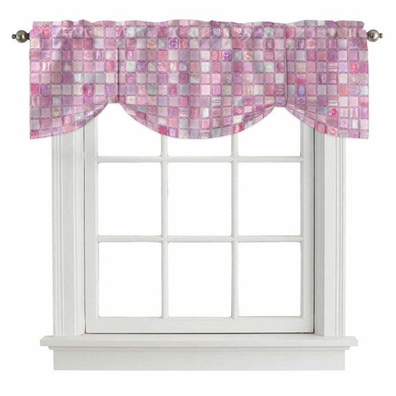 Pink Plaid Tie Up Valances Curtain, Boho Pale Mint Tile Matrix Modern Gingham Adjustable Valance for Window Light Filtering for Kitchen and Bathroom Rod Pocket 1 Panel 60x18in