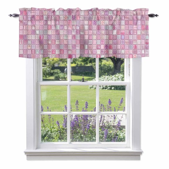 Pink Plaid Valances for Windows, Boho Pale Mint Tile Matrix Modern Gingham Valance Window Treatment Rod Pocket Short Curtains Valances for Kitchen Bathroom 42"W x 12"L