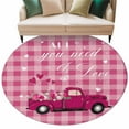 thumbnail image 1 of Pink Plaid Washable Round Area Rug 5 ft, Truck With Roses Romantic, Soft Non Slip Rugs Stain Repellent Indoor Felt Carpet for Living Dining Room Bedroom Home Office, 1 of 9
