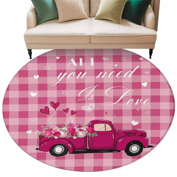 Pink Plaid Washable Round Area Rug 5 ft, Truck With Roses Romantic, Soft Non Slip Rugs Stain Repellent Indoor Felt Carpet for Living Dining Room Bedroom Home Office