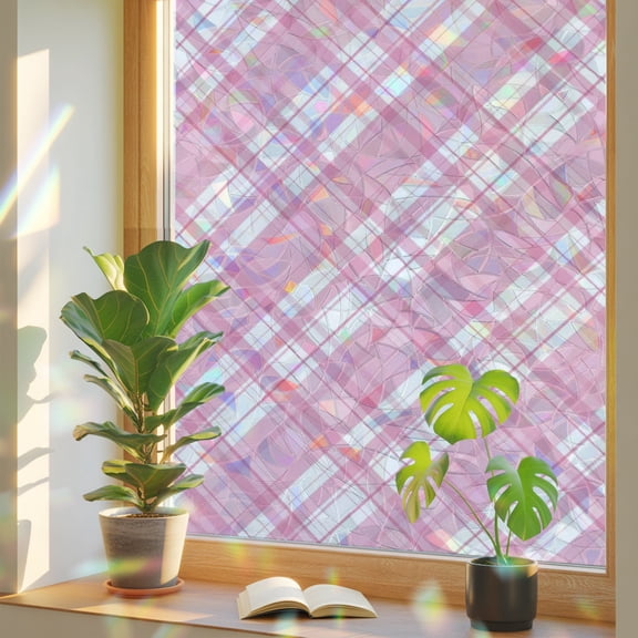 Pink Plaid Window Privacy Film, Pink White Grids Geometric Stained Glass Rainbow Film Decorative Window Clings, Static Cling Sun Blocking Stickers 19.6" x 39.3"