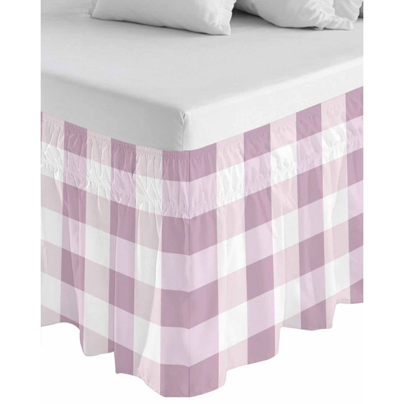 Pink Plaid Wrap Around Bed Skirts for Queen Bed 18" Drop,Bed Skirt with Adjustable Elastic Belt Dust Ruffle Bed Valance for Bedroom Hotel Spring Summer Farmhouse Buffalo Checkered Bed Frame Cover