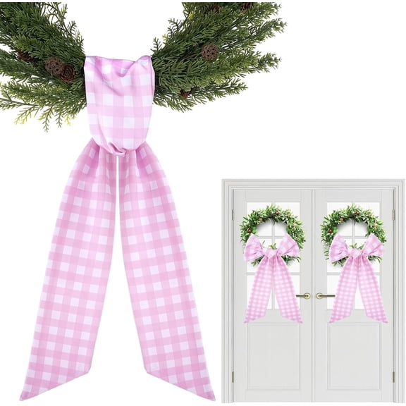 Pink Plaid Wreath Sash for Front Door, 2 Pack Nylon Wreath Ribbon for Personalization and Baby Shower Decor