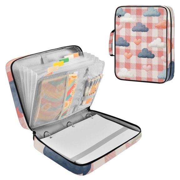 Pink Plaids Colorful Clouds Hearts Valentine Accordion File Organizer Expanding File Folder 3-Ring Binder Bag 500 Sheets A4 Size