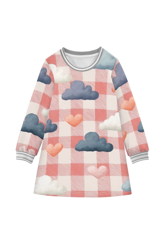 Pink Plaids Colorful Clouds Hearts Valentine Long-sleeved Dress A-line One-Piece Dress for 2-8 Years Casual Party 3T