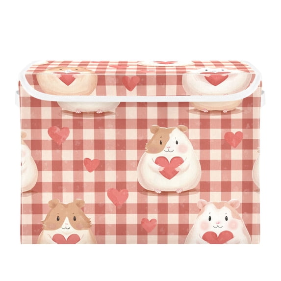Pink Plaids Cute Hamster with Hearts Valentine Foldable Storage Bins with Lids Handles Collapsible Storage Containers Tote Boxes 16.5 x 12.6 x 11.8 inches