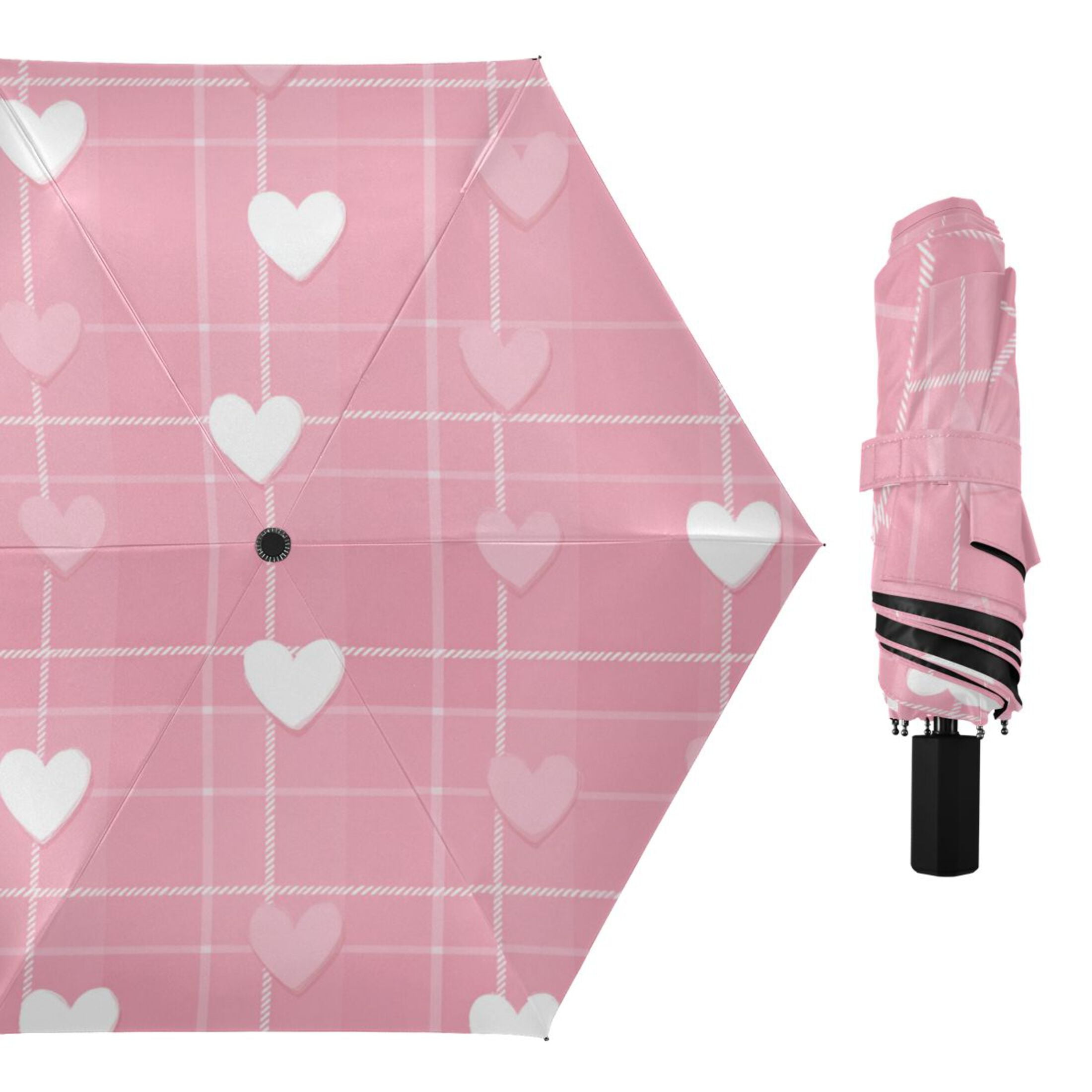 Pink Plaids Cute Hearts Valentine All Weather Umbrella Triple Folding Parasol 6 Ribs UV Protection Portable