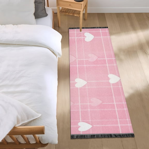 Pink Plaids Cute Hearts Valentine Bedside Runner Rug 2'x 6' Non Slip Carpet Floor Mat Area Rug
