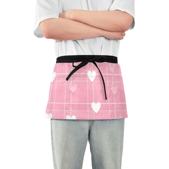 Pink Plaids Cute Hearts Valentine Short Server Apron with 3 Pockets for Unisex Chef Gardening
