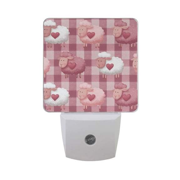 Pink Plaids Cute Sheep with Hearts Valentine LED Night Light Sensor Lamp Plug-in Adjustable Brightness 2 Pack