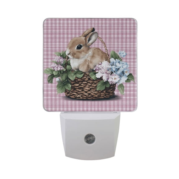 Pink Plaids Easter Rabbit in Basket Pixel LED Night Light Sensor Lamp Plug-in Adjustable Brightness 2 Pack