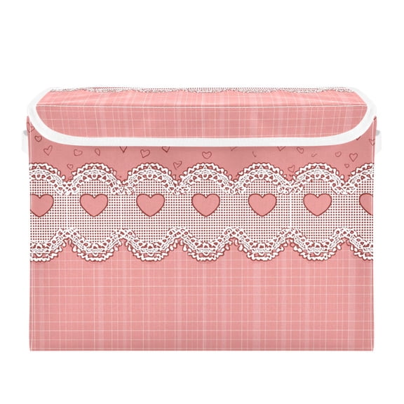 Pink Plaids Hearts with Lace Border Valentine Foldable Storage Bins with Lids Handles Collapsible Storage Containers Tote Boxes 16.5 x 12.6 x 11.8 inches
