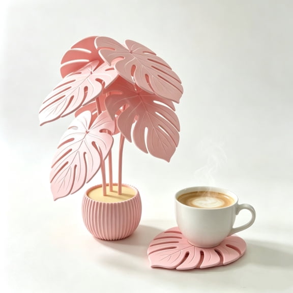 Pink Plant Decorative Coaster, Monstera Leaf Shaped Set for Coffee Lovers Home Office and Small Coffee Shop Tabletop Protection and Decor