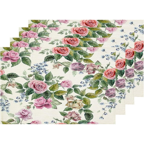 Pink Plant Floral Placemats, Blue Abstract Roses Table Mat Linen Burlap Washable Double-Deck Heat Insulation for Dining Table Kitchen Table Set of 4 (12 x 18 inch)
