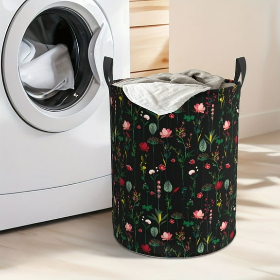 Pink Plant and Flower Pattern Laundry Basket, Large Capacity and Foldable, for Storing Dirty Clothes in Bathrooms, Bedrooms or Households. Laundry Basket