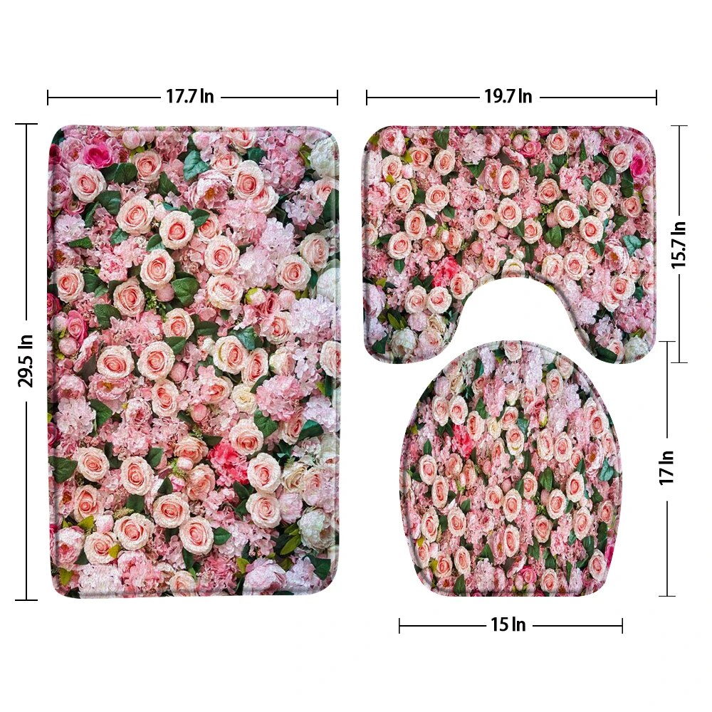 Rose Mat Floral Rose Bath Mat Non-slip 3-Piece Pink Coquette Bathroom Rug Set ...