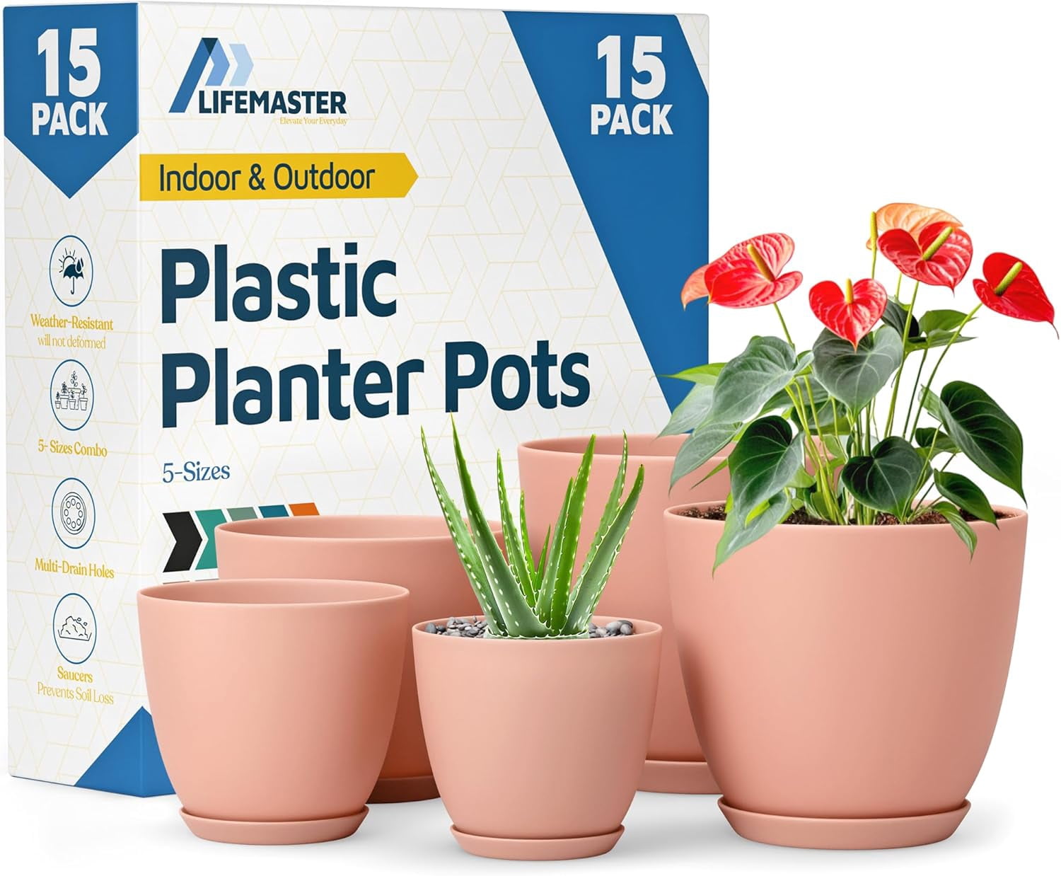 Pink Plant Pots with Drainage Holes & Saucers 15 Packs, Indoor & Outdoor Stackable Plastic Planters in Multiple Sizes for Houseplants & Flowers, Durable & Weatherproof Materials, Matte Finish