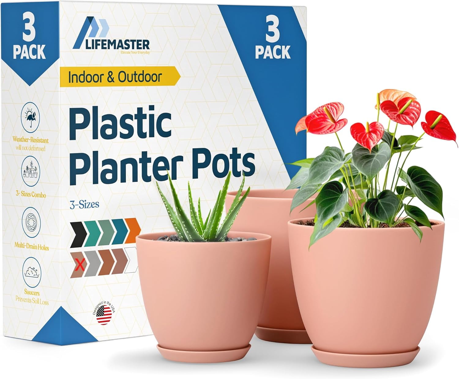 Pink Plant Pots with Drainage Holes & Saucers 3 Packs, Indoor & Outdoor Stackable Plastic Planters in Multiple Sizes for Houseplants & Flowers, Durable & Weatherproof Materials, Matte Finish