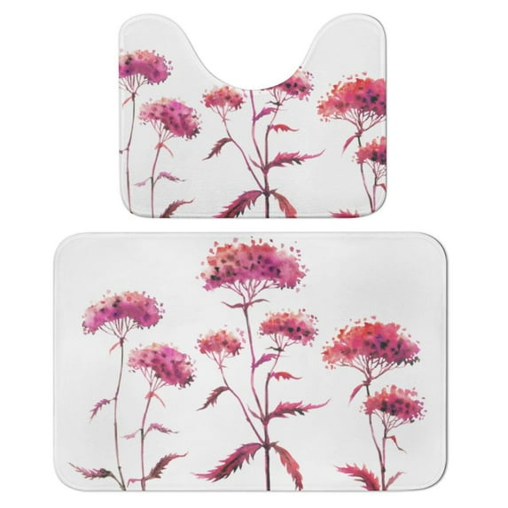 Pink Plants Bathroom Rugs Set 2 Pieces, Bathroom Set - Quick Drying Bath Mat And U-Shaped Toilet Rug, Water Absorbent Bath Carpet For Bedroom Floor Living Room, Machine Washable