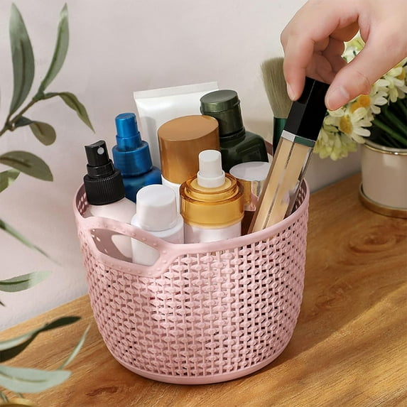 Pink Plastic Desktop Storage Basket | Imitation Rattan Design | 12.5x12.5x10.5cm Small Organizer | Toiletries & Bathroom Storage Container