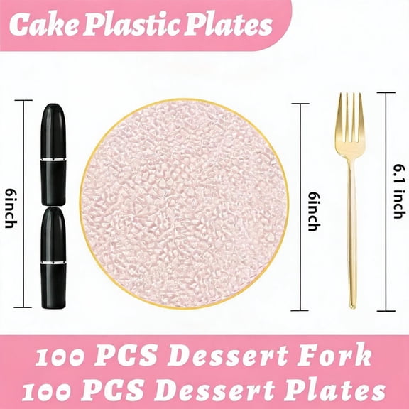 Pink Plastic Dessert Plates with Gold Rim 6 Inch Includes Hammered Appetizer Plates and Disposable Gold Forks