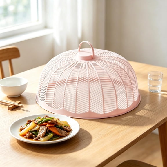 Pink Plastic Food Cover, 9.8 Inch Dome Dish Guard with Handle, Breathable Mesh for Leftover Storage