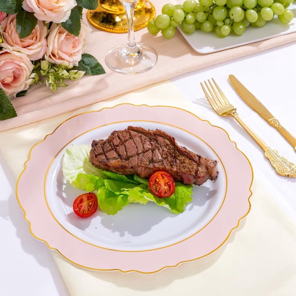 Pink Plastic Plates - Baroque Pink And Gold Disposable Dinner Plates for Upscale Parties