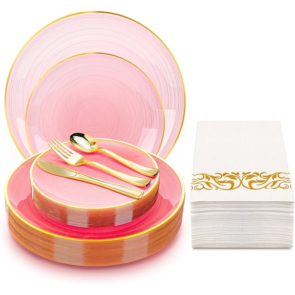 Pink Plastic Plates with Gold Trim  180-Piece Disposable Party Dinnerware Set for 30 Guests, Includes Dinner Plates, Salad Plates, Napkins, Forks, Spoons, and Knives