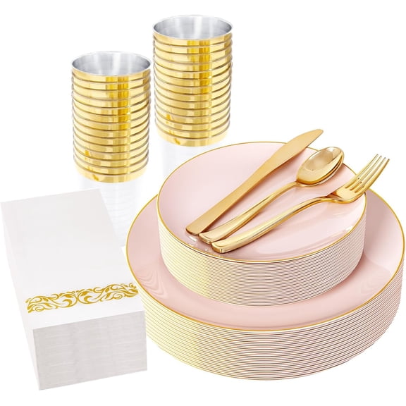 Pink Plastic Plates - Pink and Gold Disposable Plates Include Plastic Plate, Silverware, Cups, Napkins for Wedding & Party & Birthday Valentines Day