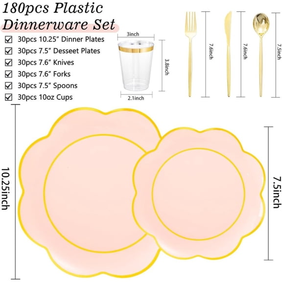 Pink Plastic Plates with Gold Silverware 180 Piece Set Heavy Duty Disposable Dinnerware for 30 Guests Party Wedding Birthday