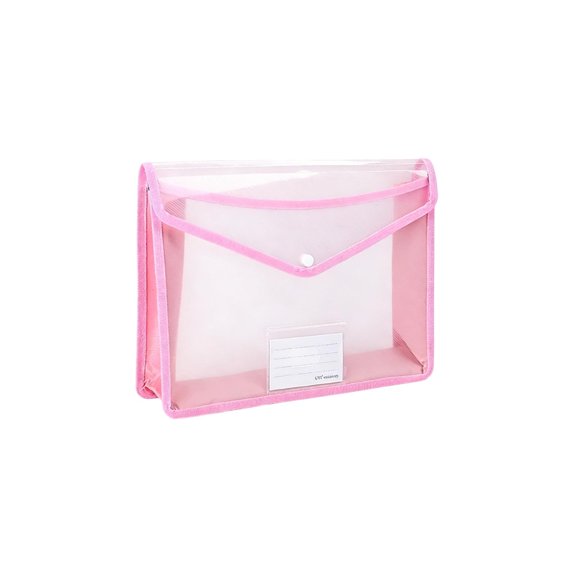 Pink Plastic Reinforced Edges Three Dimensional Transparent Snap Closure Document Pouch Pink A4 Waterproof File Bag 13.19X10.04X0.39In