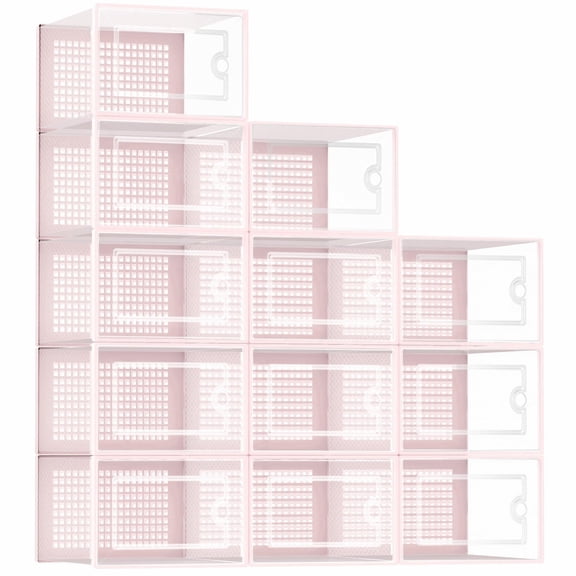 Pink Plastic Stackable Shoe Storage Boxes 12 Pack For Closet Entryway Under Bed