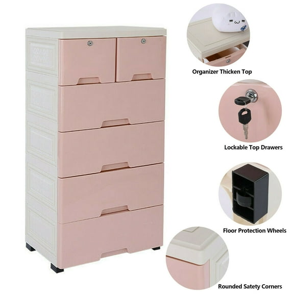 Pink Plastic Storage Dresser for Bedroom 6 Drawer Clothes Organizer Tower Cabinet 50x35x102cm
